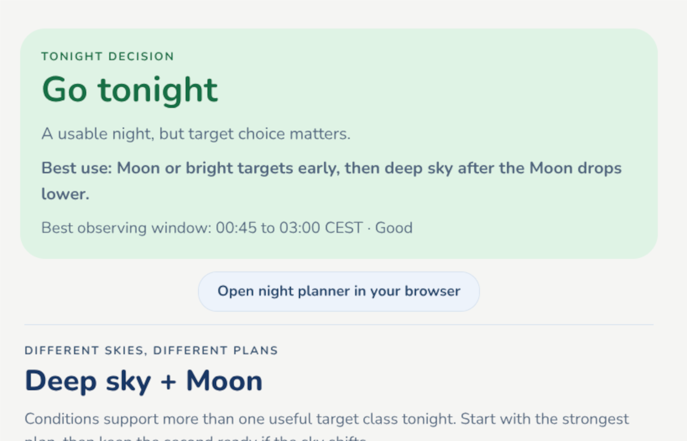 MySkyDome email briefing showing a nightly verdict, observing window, and recommended plan