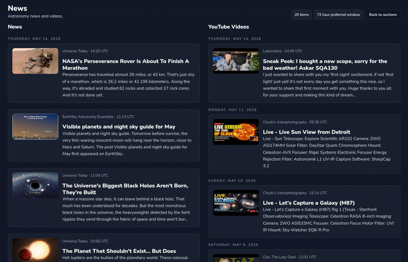 MySkyDome astronomy news and YouTube planning context preview