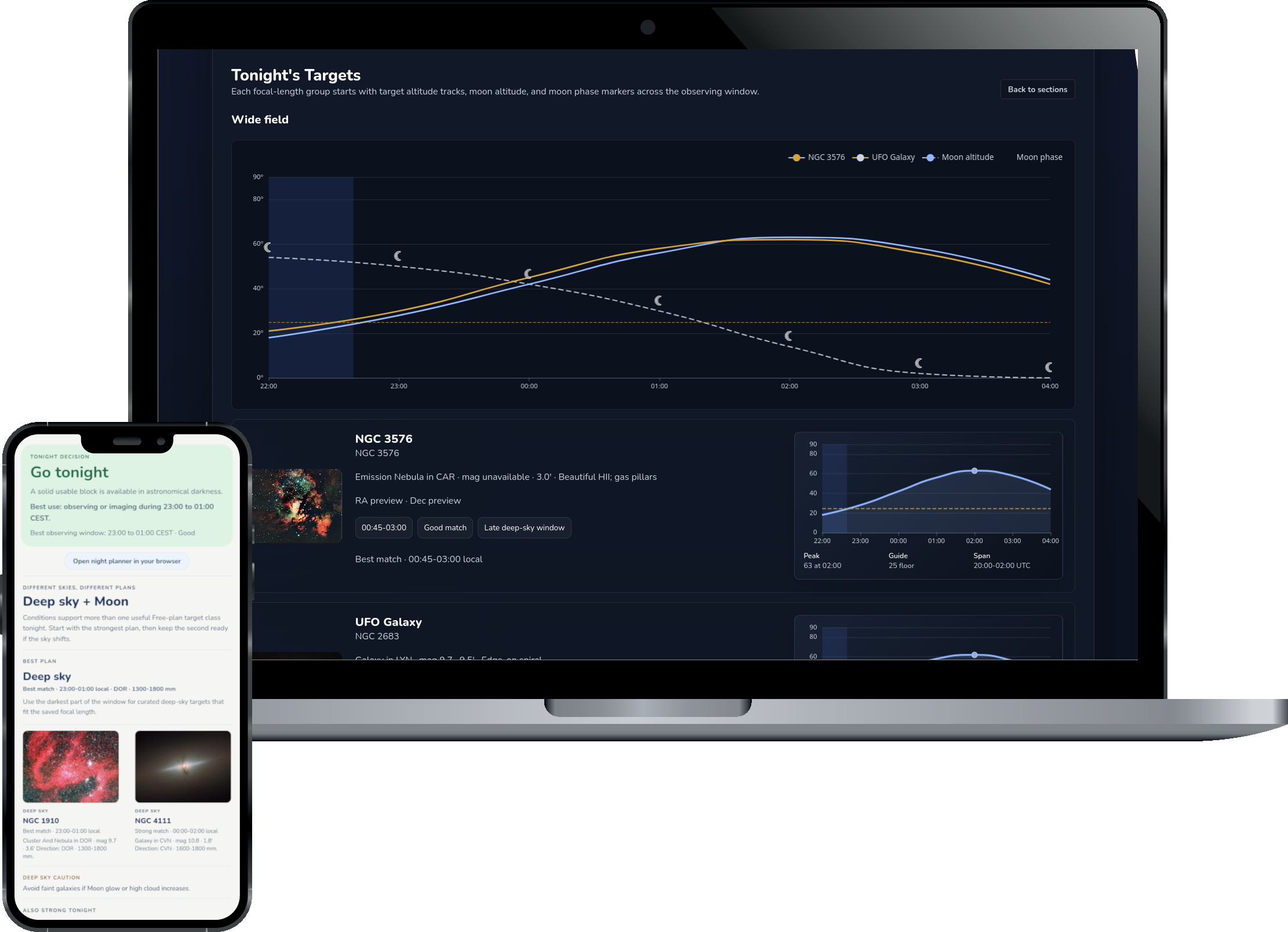 MySkyDome nightly report preview with forecast, target, and observing recommendations